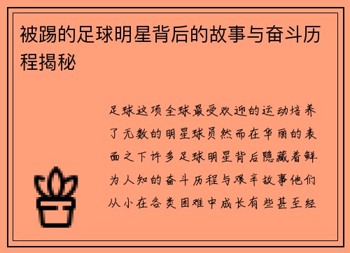 被踢的足球明星背后的故事与奋斗历程揭秘